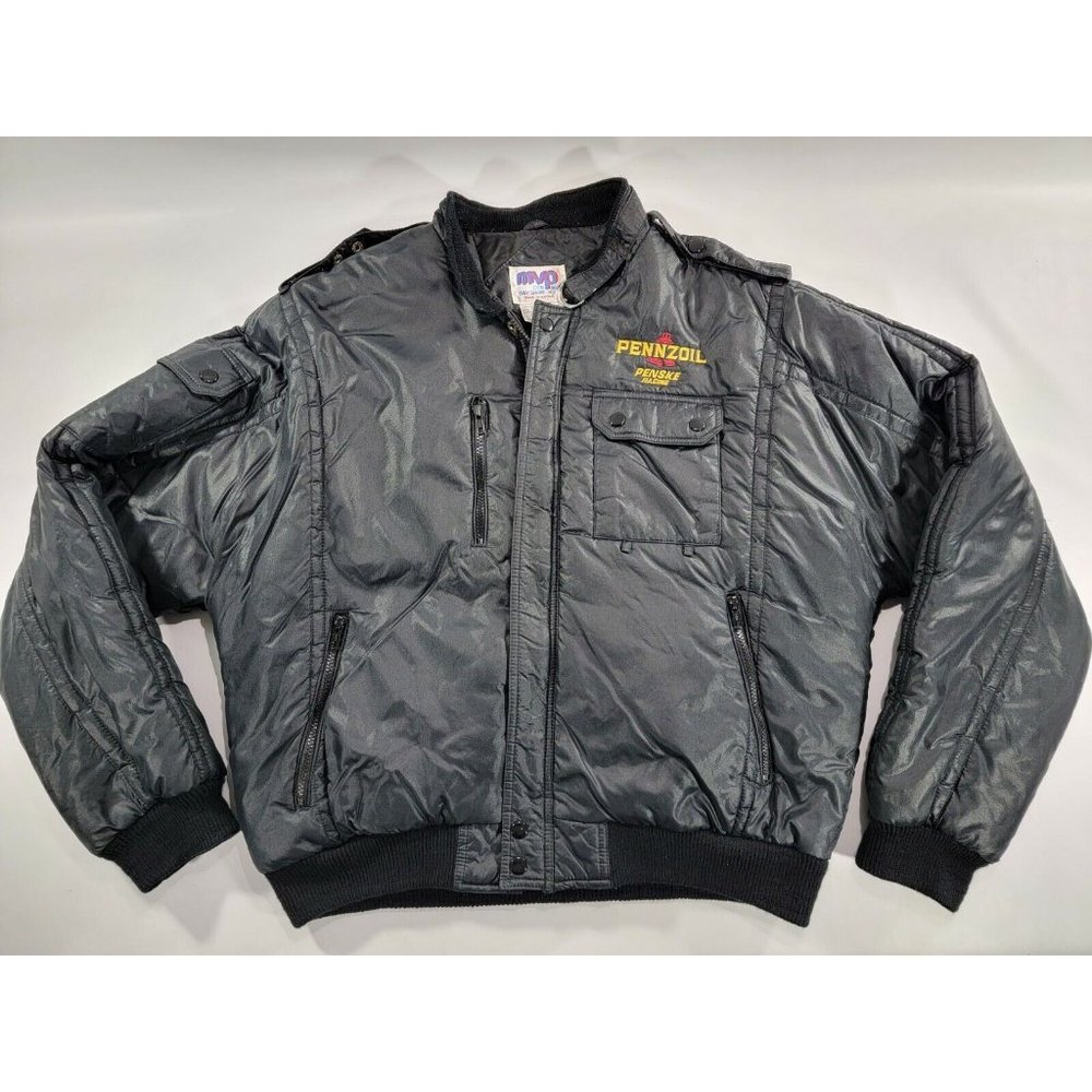 Vintage 80s NASCAR PENNZOIL PENSKE RACING CAFE RACER PUFF BLACK MVP JACKET SZ XL